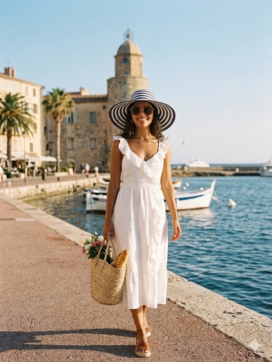 Accessories - Striped Wide Brim Straw Sun Hat - Navy & White